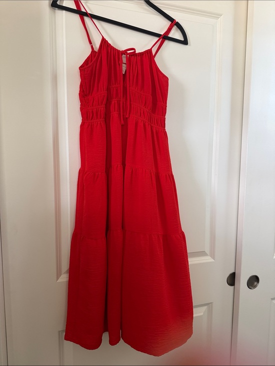 Monteau Dresses & Skirts - Monteau Bright Red Tiered Midi Dress with Spaghetti Straps